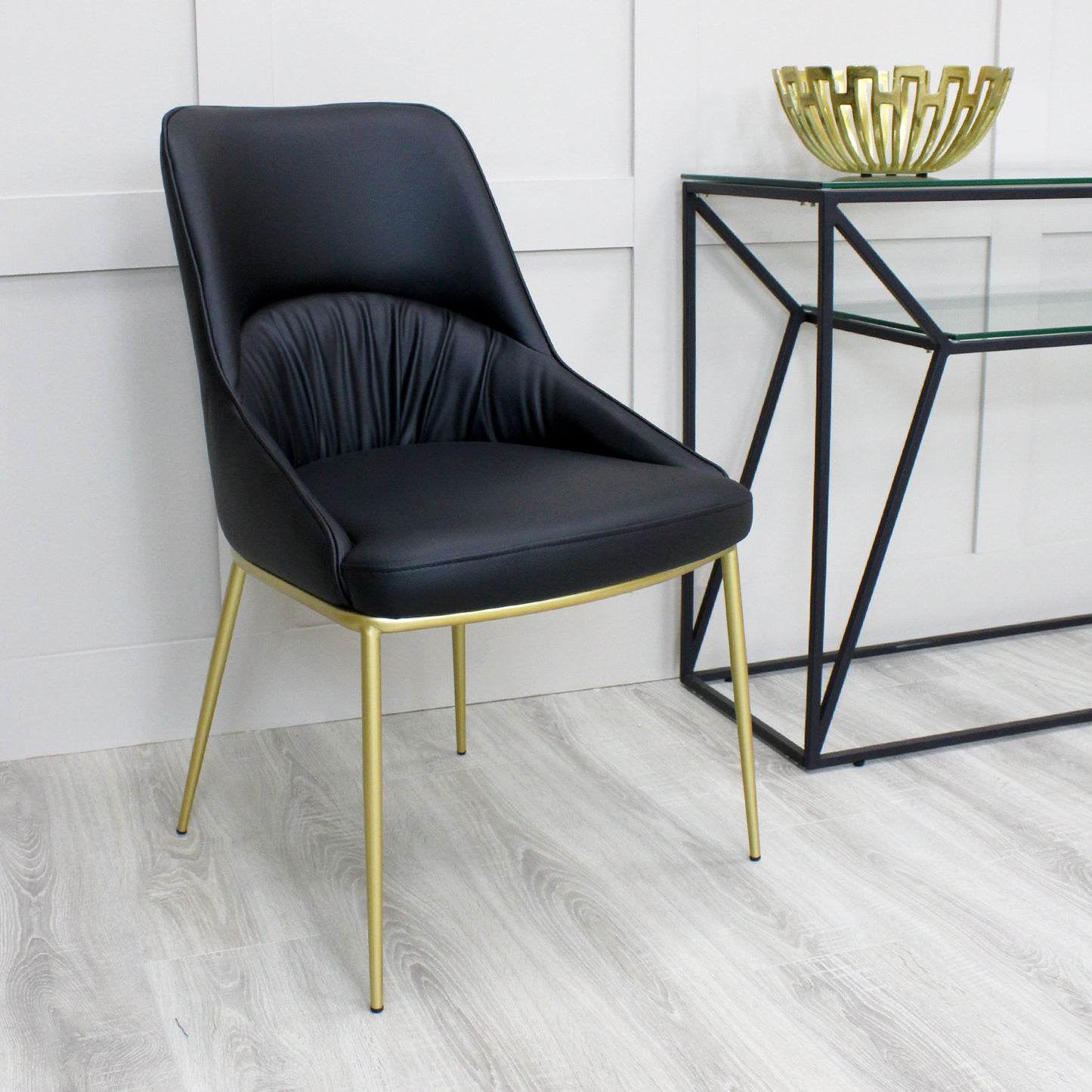 Black Leather Dining Chair Wrinkle Design With Gold Legs