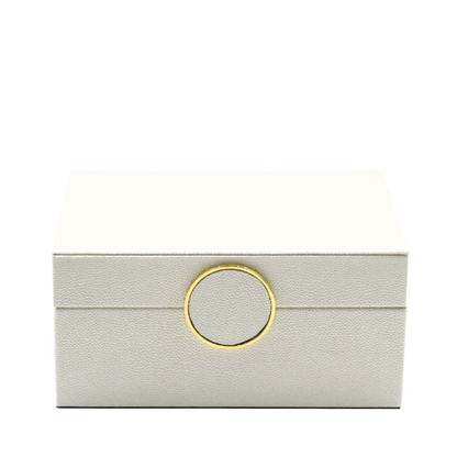 Set of 2 White Faux Leather with Gold Ring Handle Jewellery Boxes