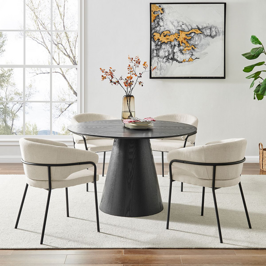 Round Black Wooden Dining Set with Cream Linen Dining Chairs
