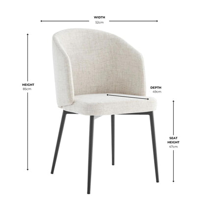 Neutral Light Beige Linen Dining Chair With Curved Back Black Legs