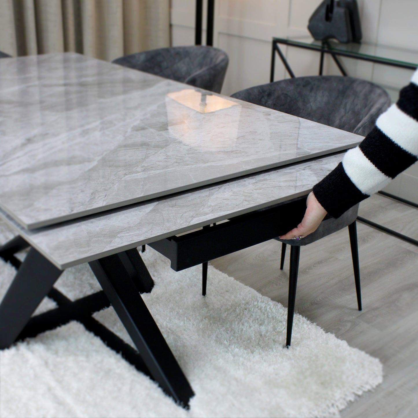 Grey Ceramic Marble Effect Extending Dining Table With Black Base