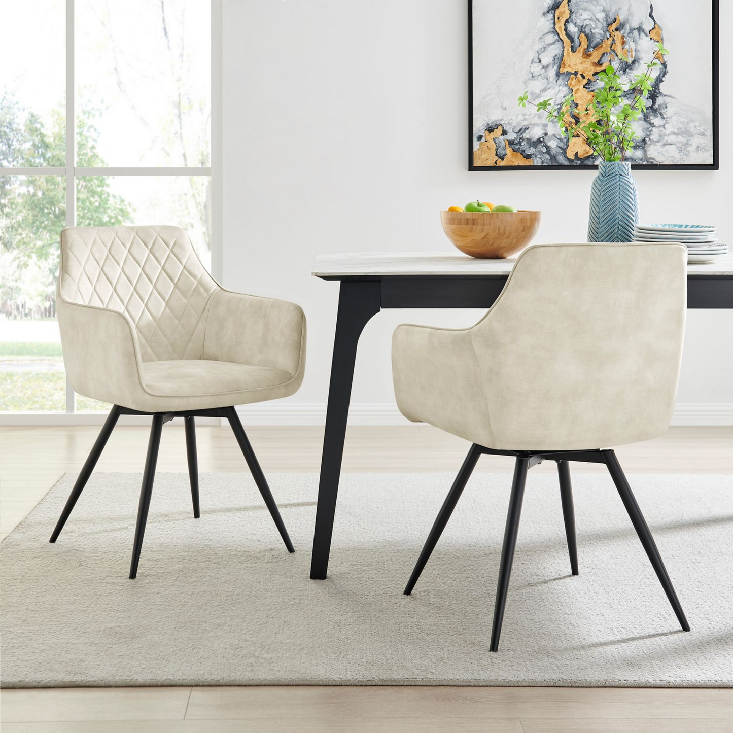 Cream Plush Velvet Swivel Dining Chair with Diamond Pattern Stitch Detail Black Legs