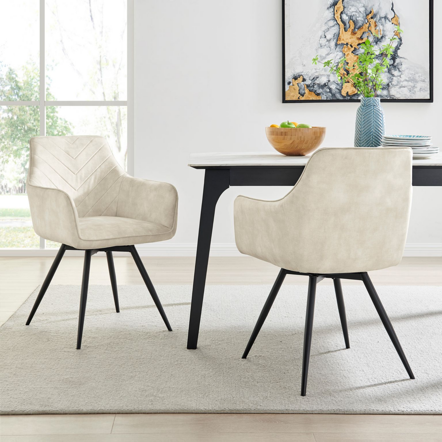 Cream Plush Velvet Swivel Dining Chair with Chevron Stitch Detail Black Legs