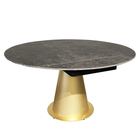 Black Ceramic Marble Effect Round Extending Dining Table With Gold Base