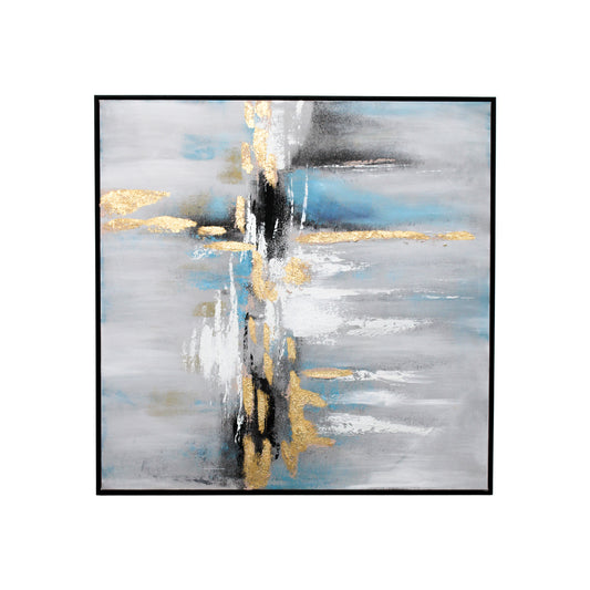 Black Framed Abstract Canvas with Gold and Blue Tones
