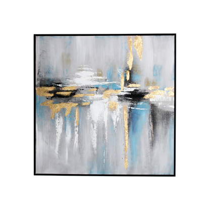 Black Framed Abstract Canvas with Gold and Blue Tones