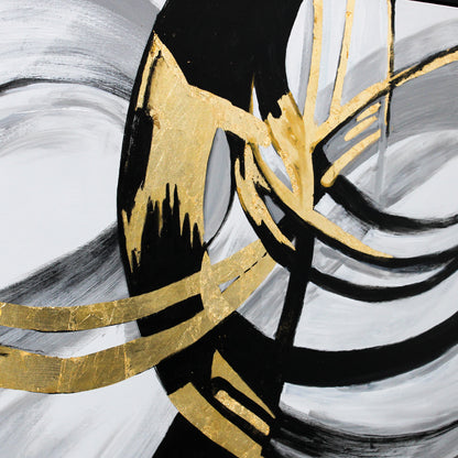 Neutral Framed Canvas with Black and Gold Brushwork