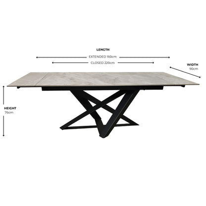 Grey Ceramic Marble Effect Extending Dining Table With Black Base