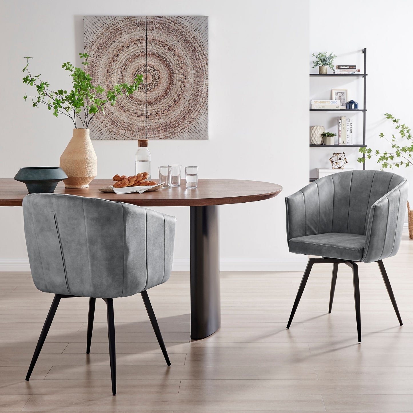 Grey Velvet Dining Chair With Swivel Black Legs
