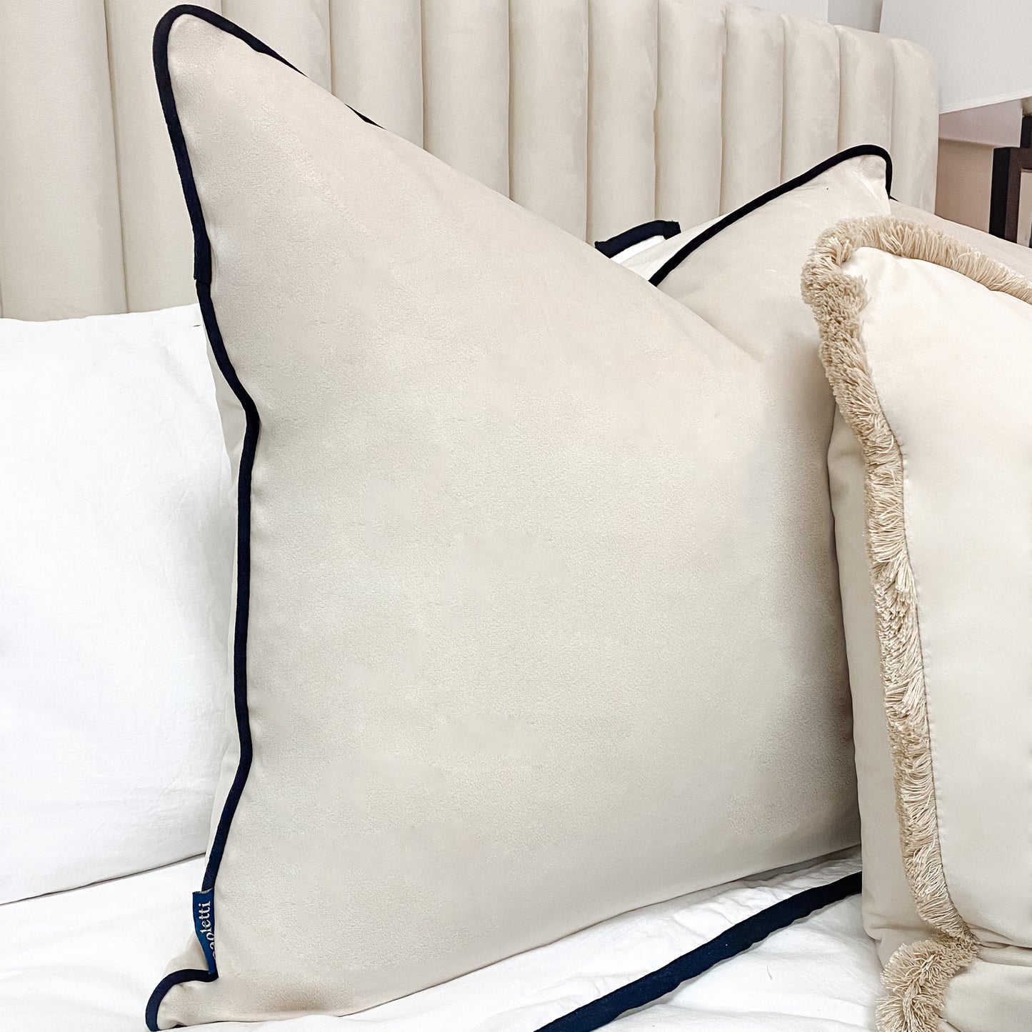 Ivory Velvet Cushion with Black Piping