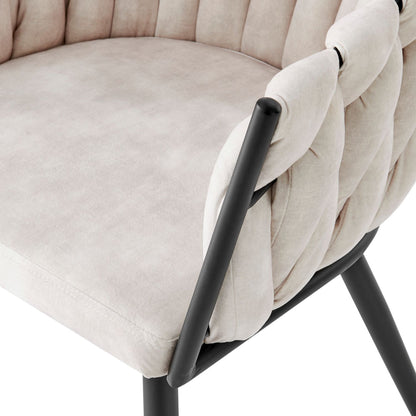 Cream Velvet Braided Weave Dining Chair With Black Frame