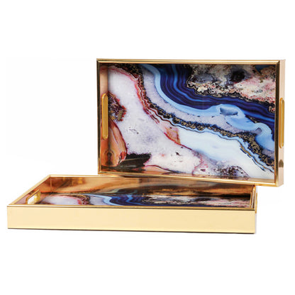 Gold Trays With Agate Design Set Of 2