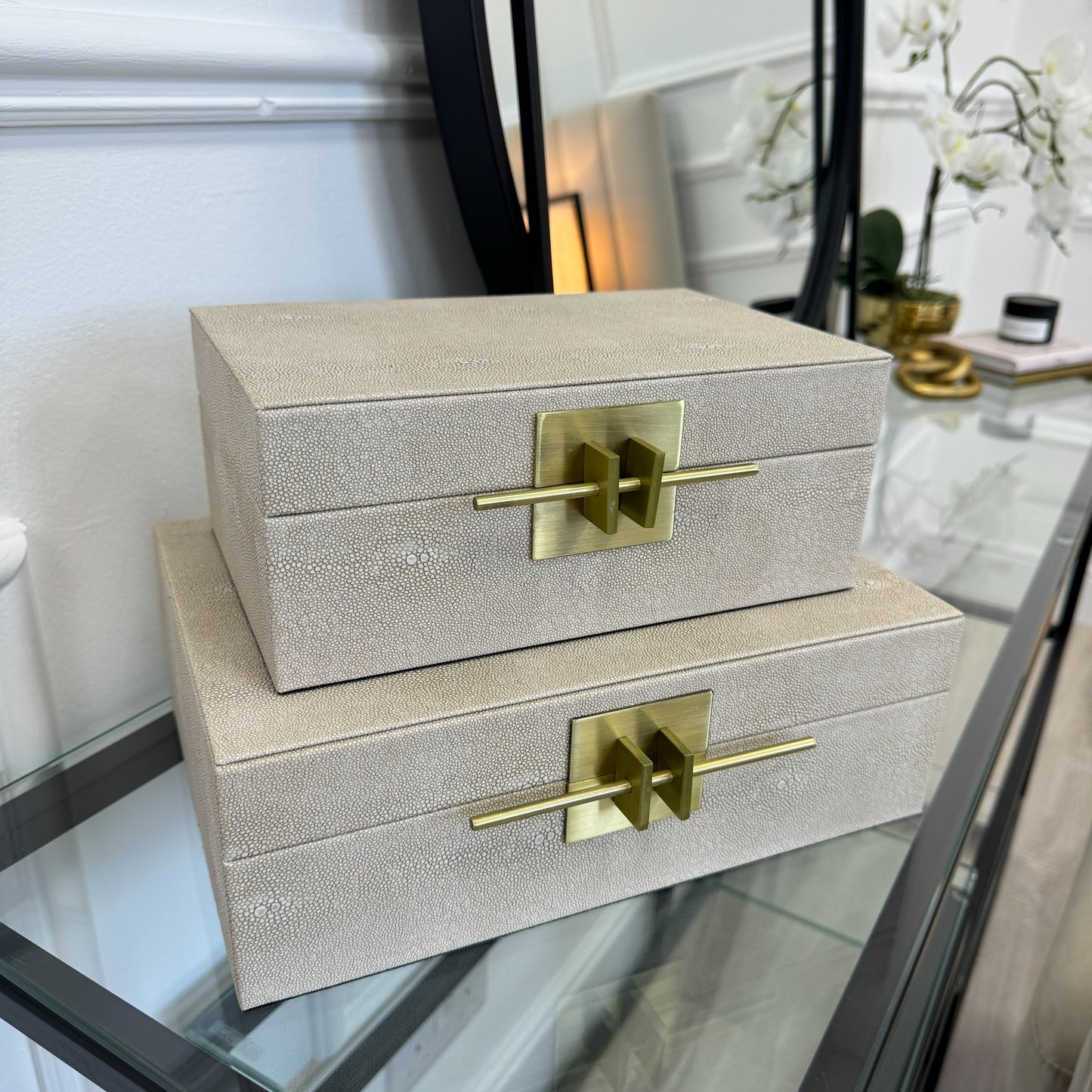 Cream Faux Leather Storage Box with Gold Accent
