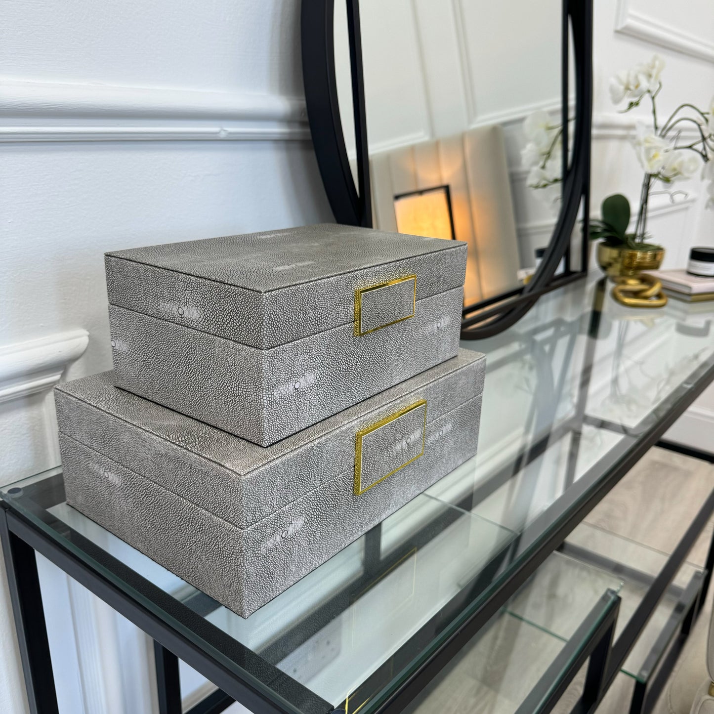 Grey Faux Leather Storage Box with Gold Accent