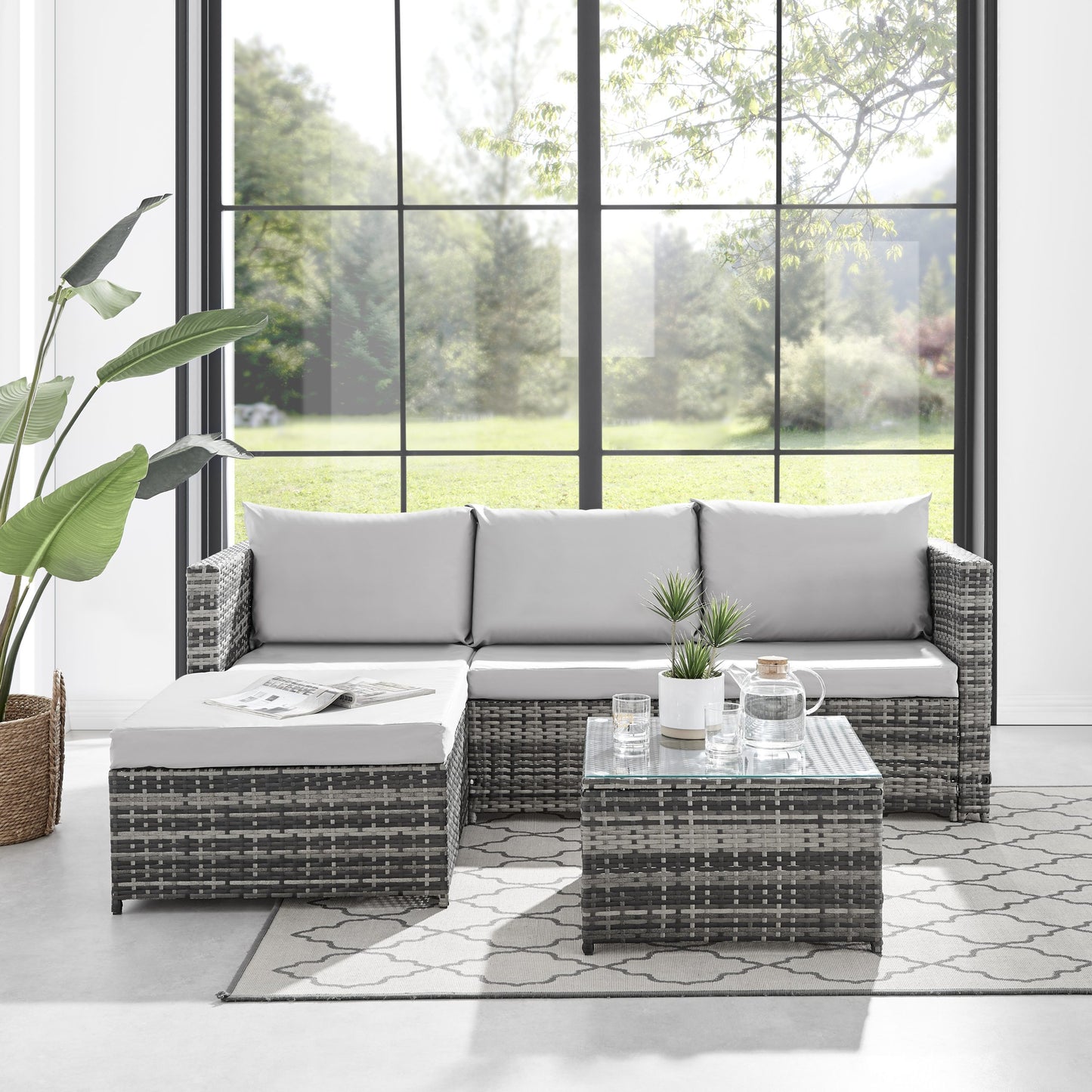 Malibu Grey 3 Seater L Shape Rattan Sofa and Coffee Table Set