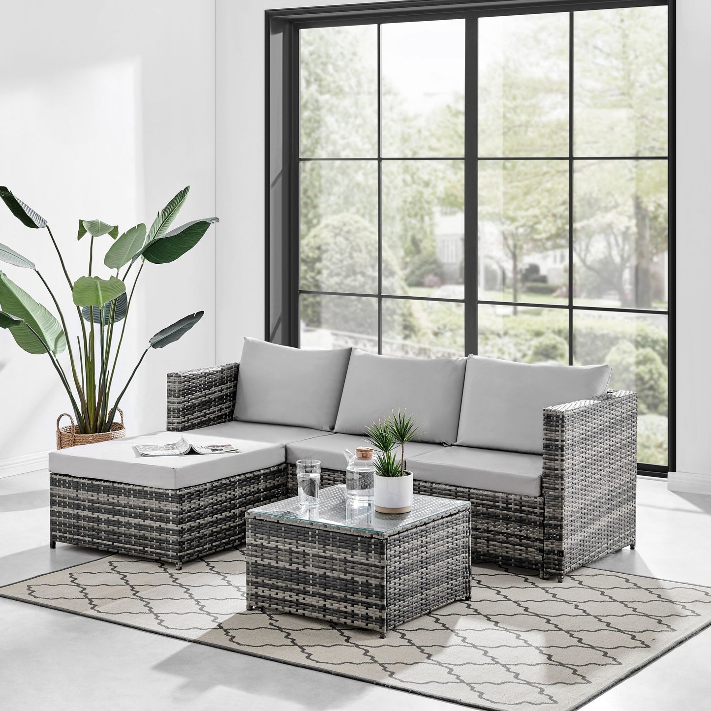 Malibu Grey 3 Seater L Shape Rattan Sofa and Coffee Table Set