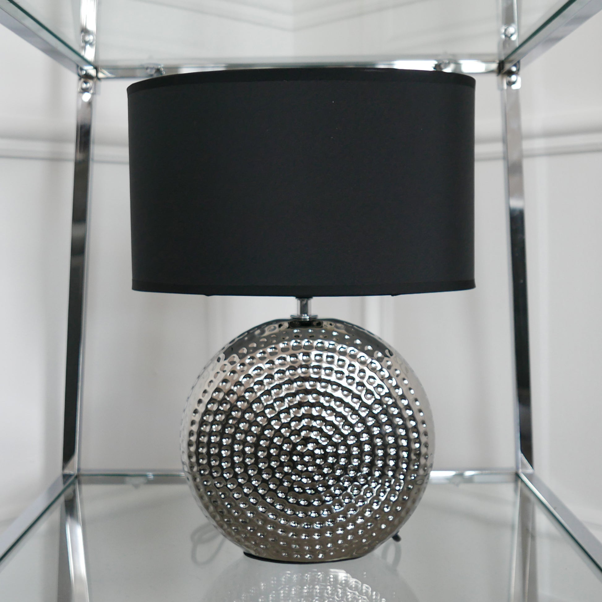Hail Hammered Effect Silver Table Lamp With Black Shade