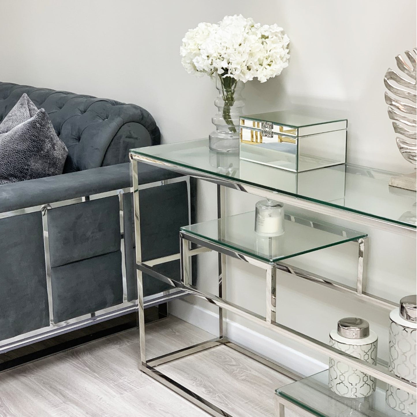 Enzo Minimalist Glass Console Table With Silver Frame
