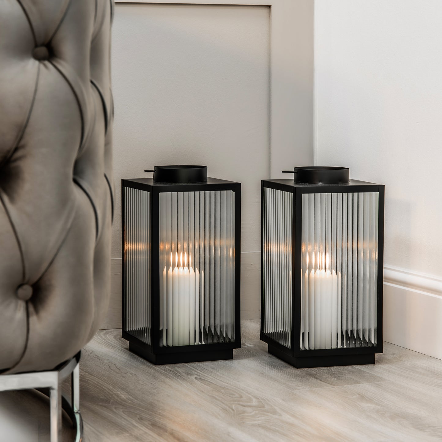 Elle Matte Black Ribbed Glass Lantern
