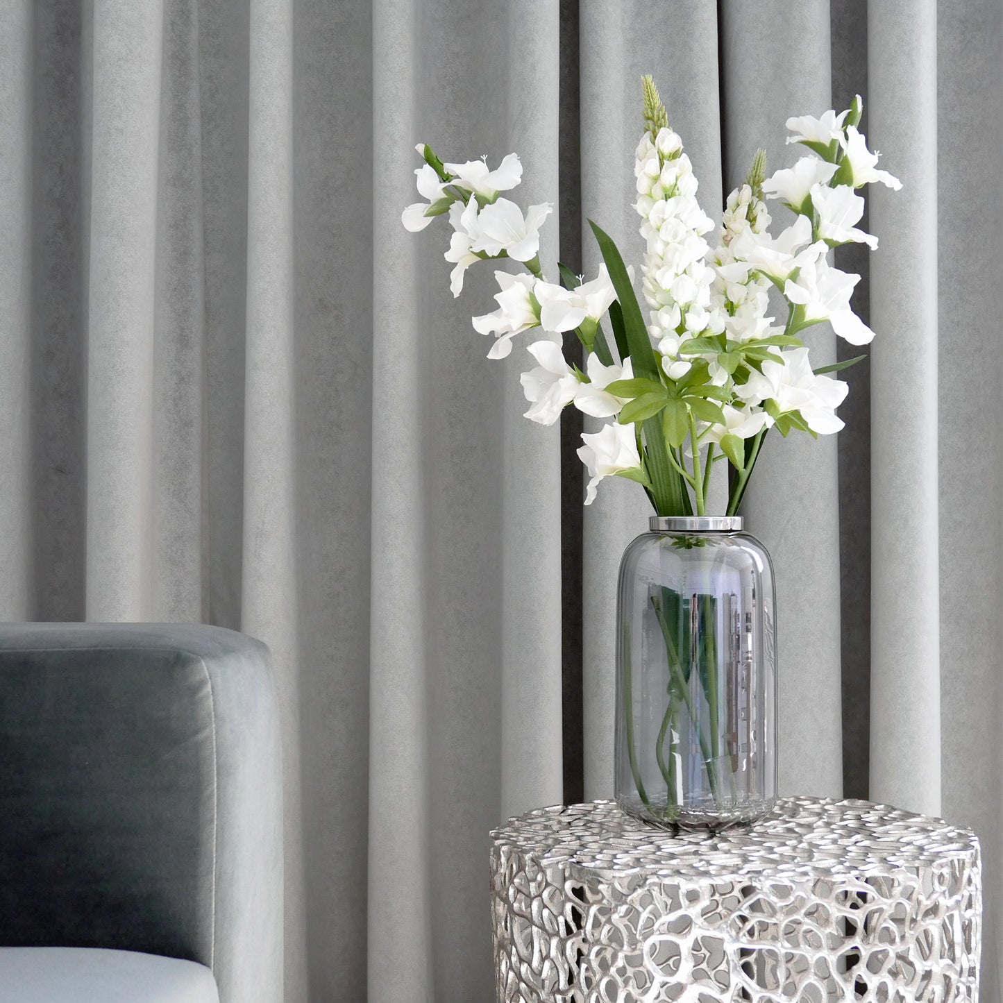 Pearl Grey Glass Vase With Pewter Rim