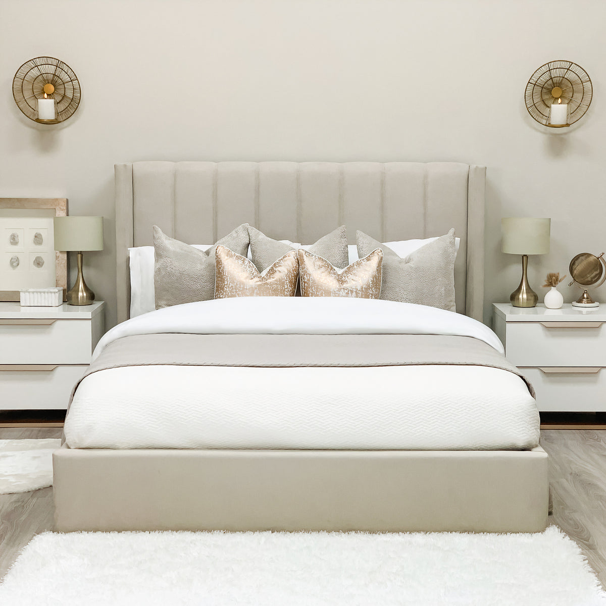 Mika Beige Wingback Bed with Ottoman Storage