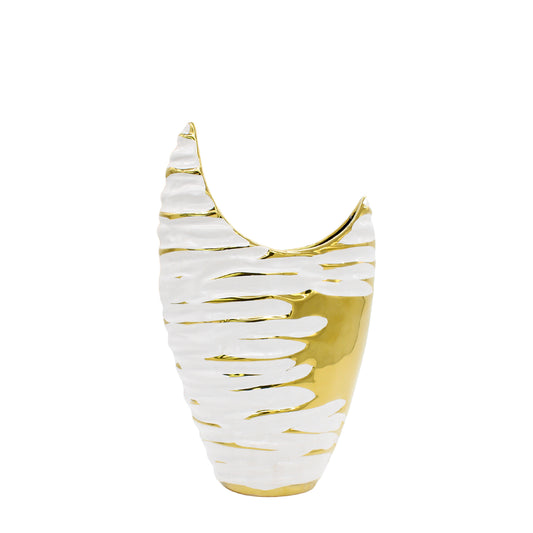 White and Gold Textured Ceramic Vase with Crescent Curved Detail