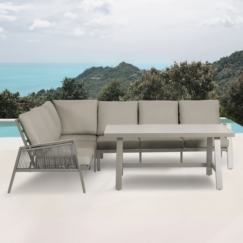 Sicily Beige Aluminium 6 Seater Dining Set Corner Sofa With Beige Cushions