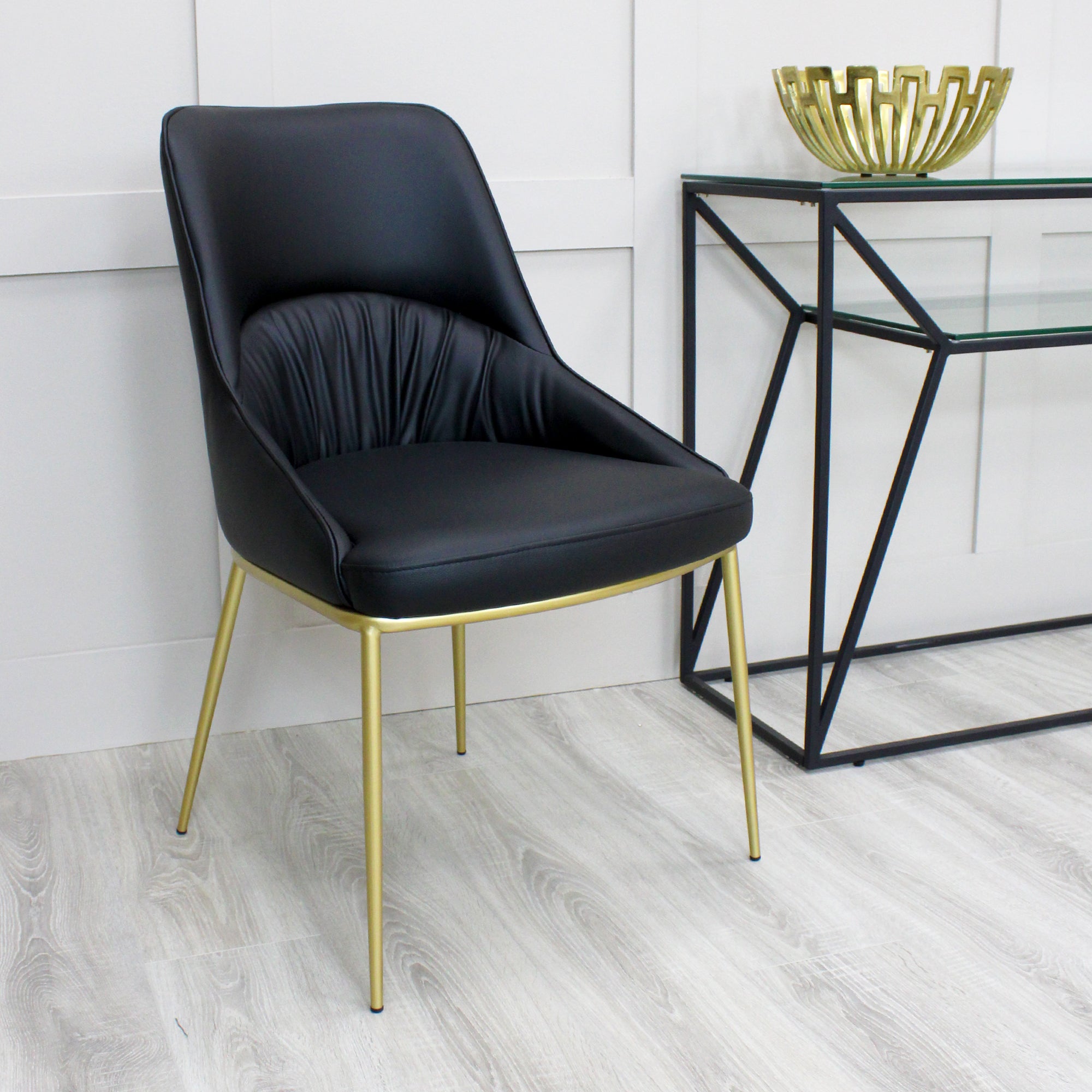 Axel Black Leather Dining Chair Wrinkle Design With Gold Legs