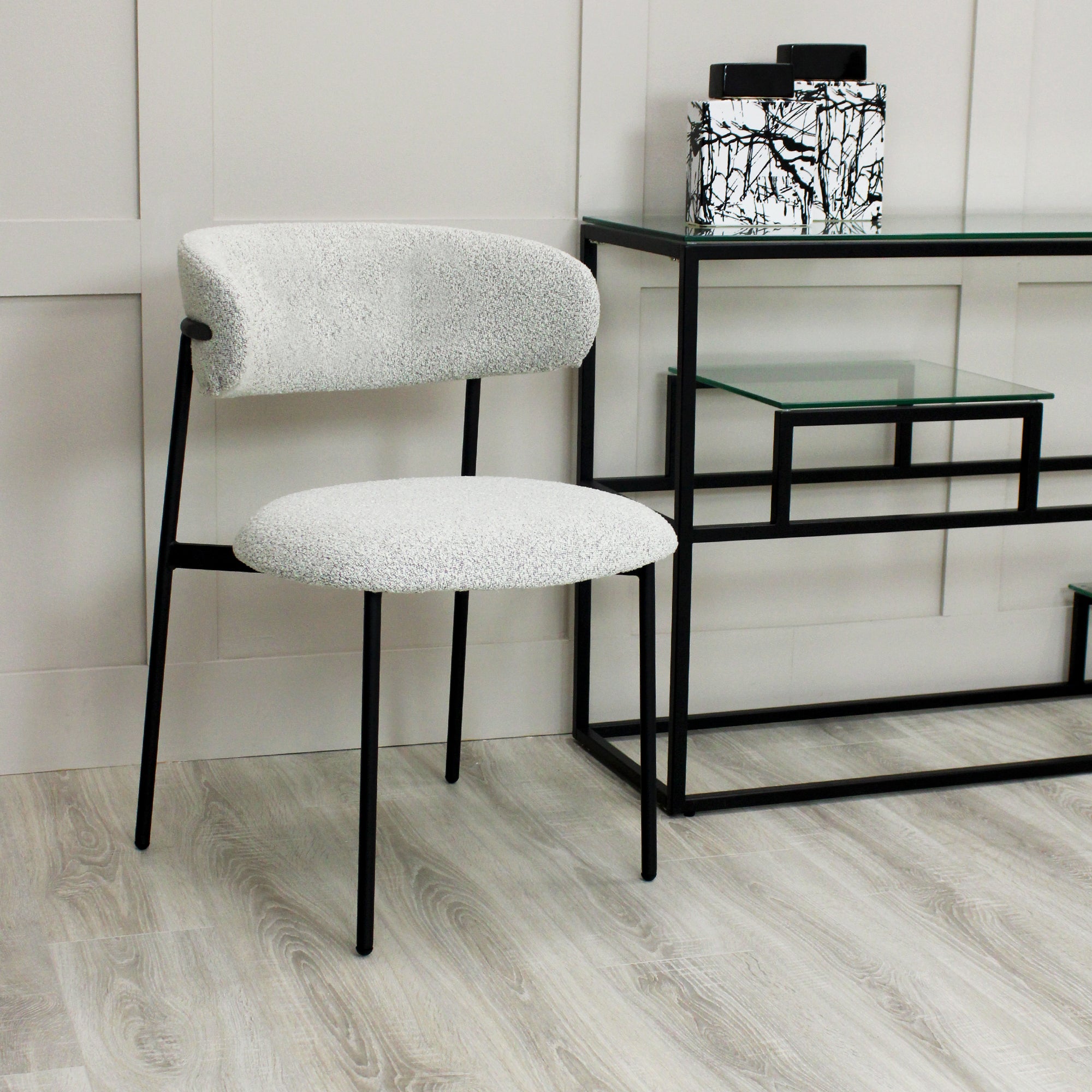 Remy Light Grey Boucle Dining Chair with Black Slimline Frame