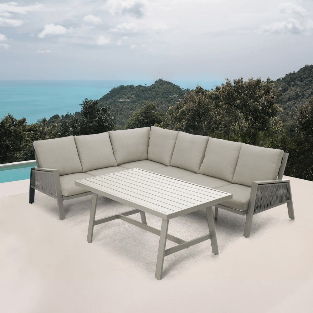 Sicily Beige Aluminium 6 Seater Dining Set Corner Sofa With Beige Cushions
