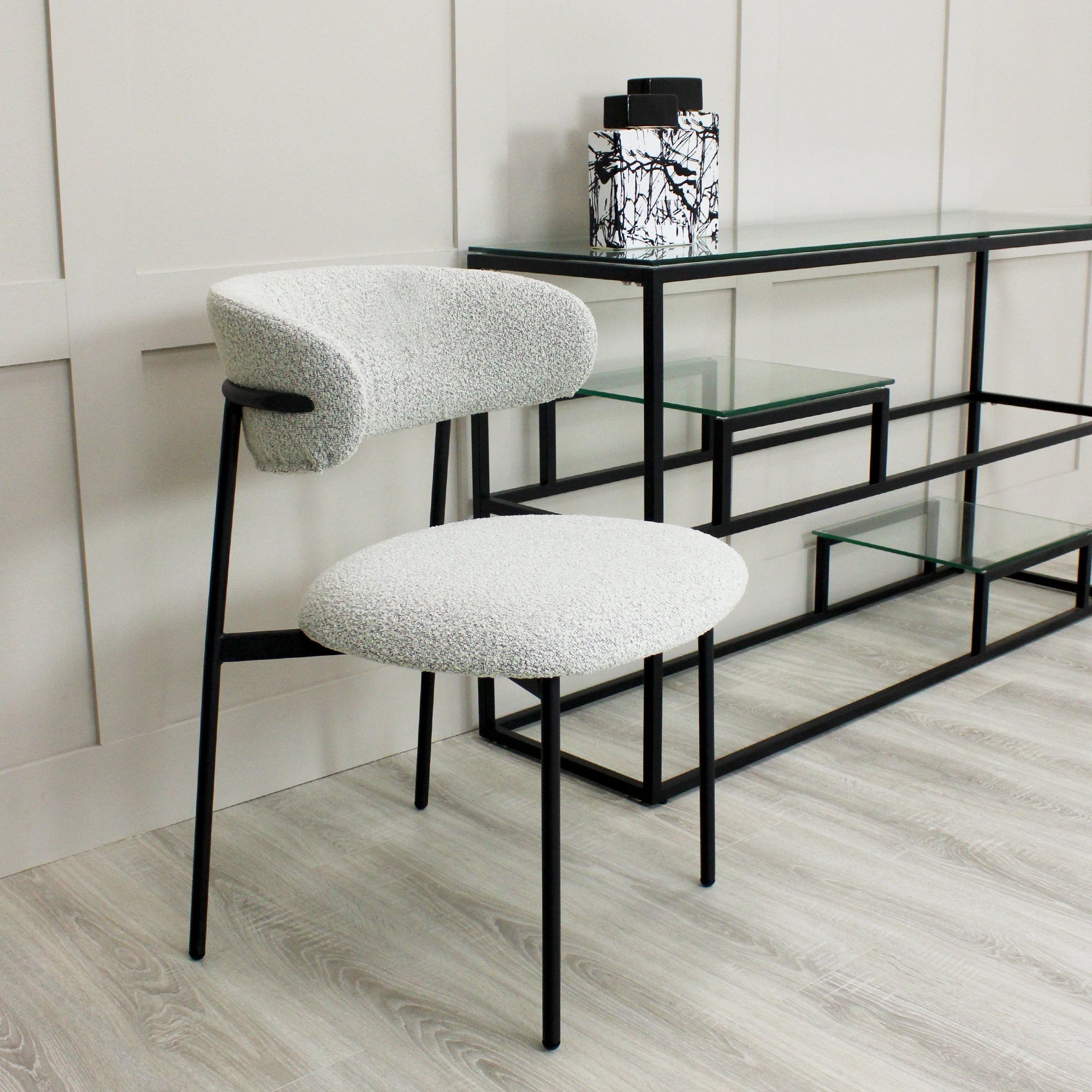 Remy Light Grey Boucle Dining Chair with Black Slimline Frame