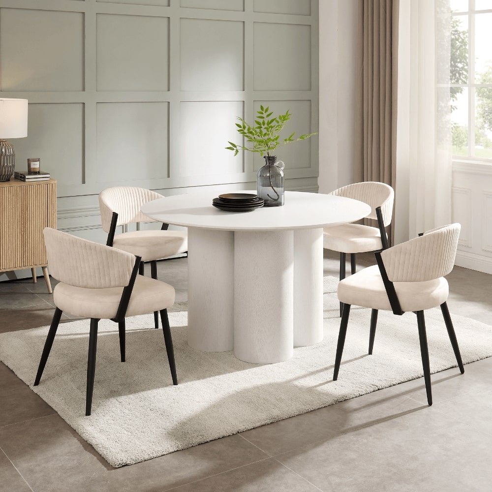 Marco White Round Wooden Dining Set With 4 Maria Chairs – Modish Furnishing