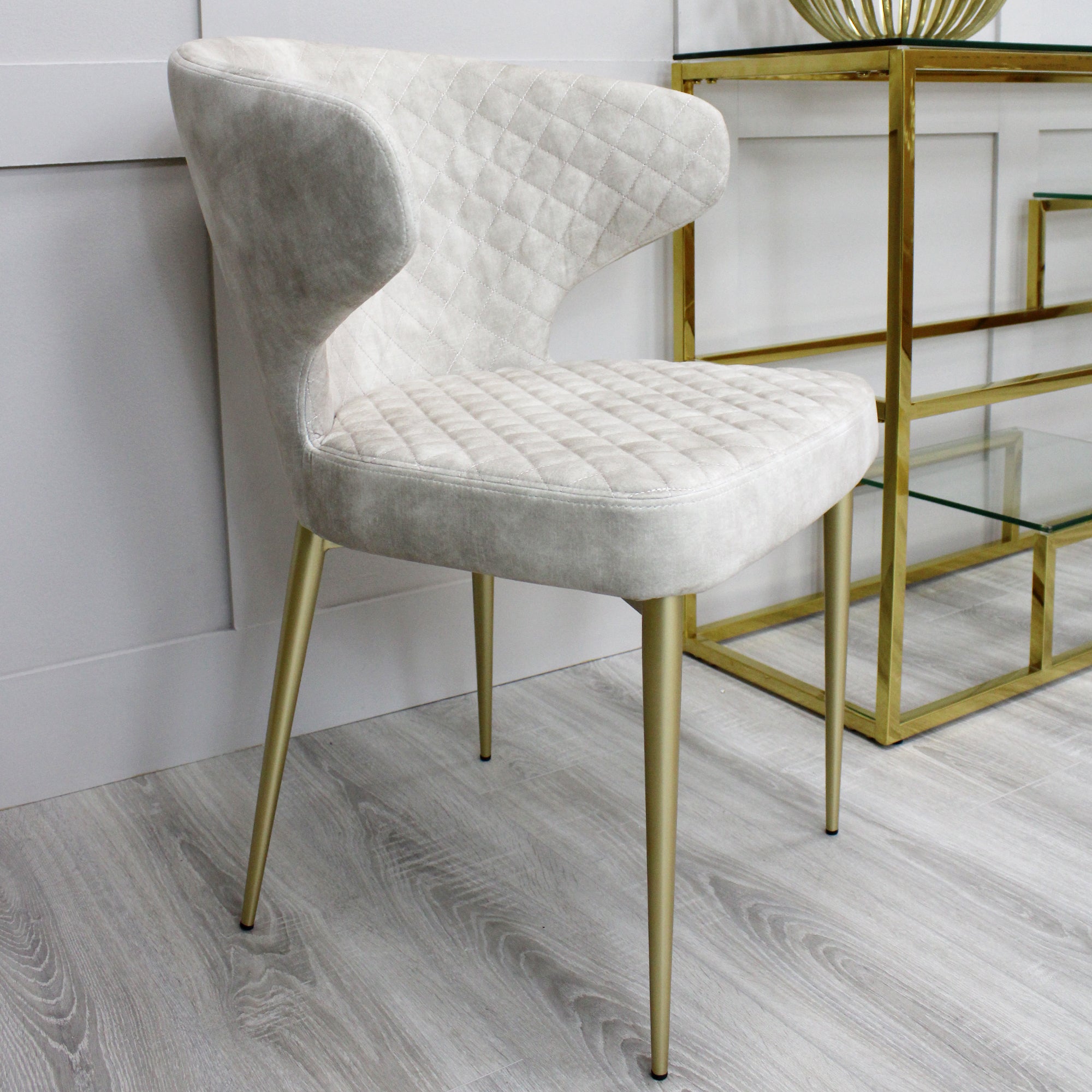 Levi Cream Velvet Dining Chair With Quilting Design Gold Legs