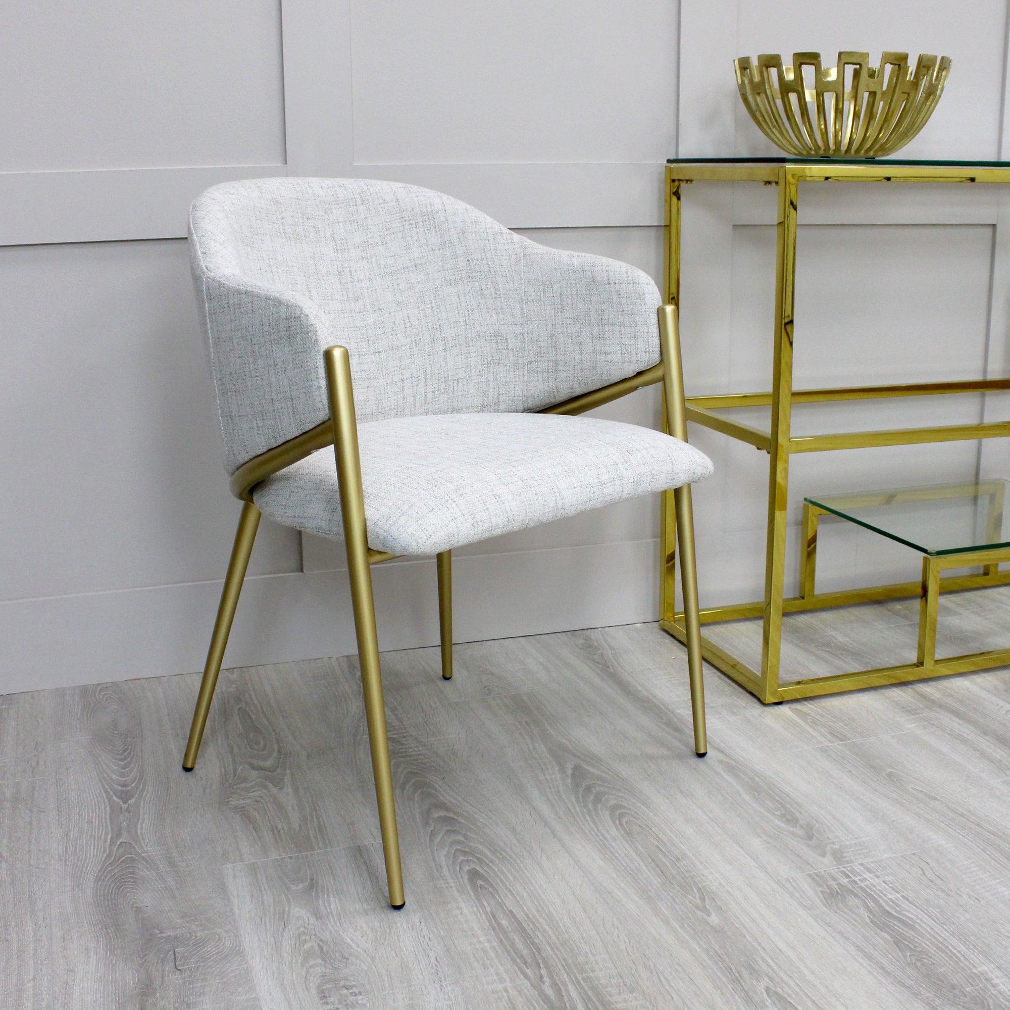 Alice Neutral Light Beige Linen Dining Chair With Gold Frame