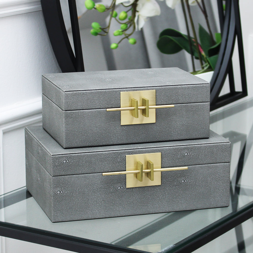 Grey Faux Leather Storage Box Set with Gold Accent