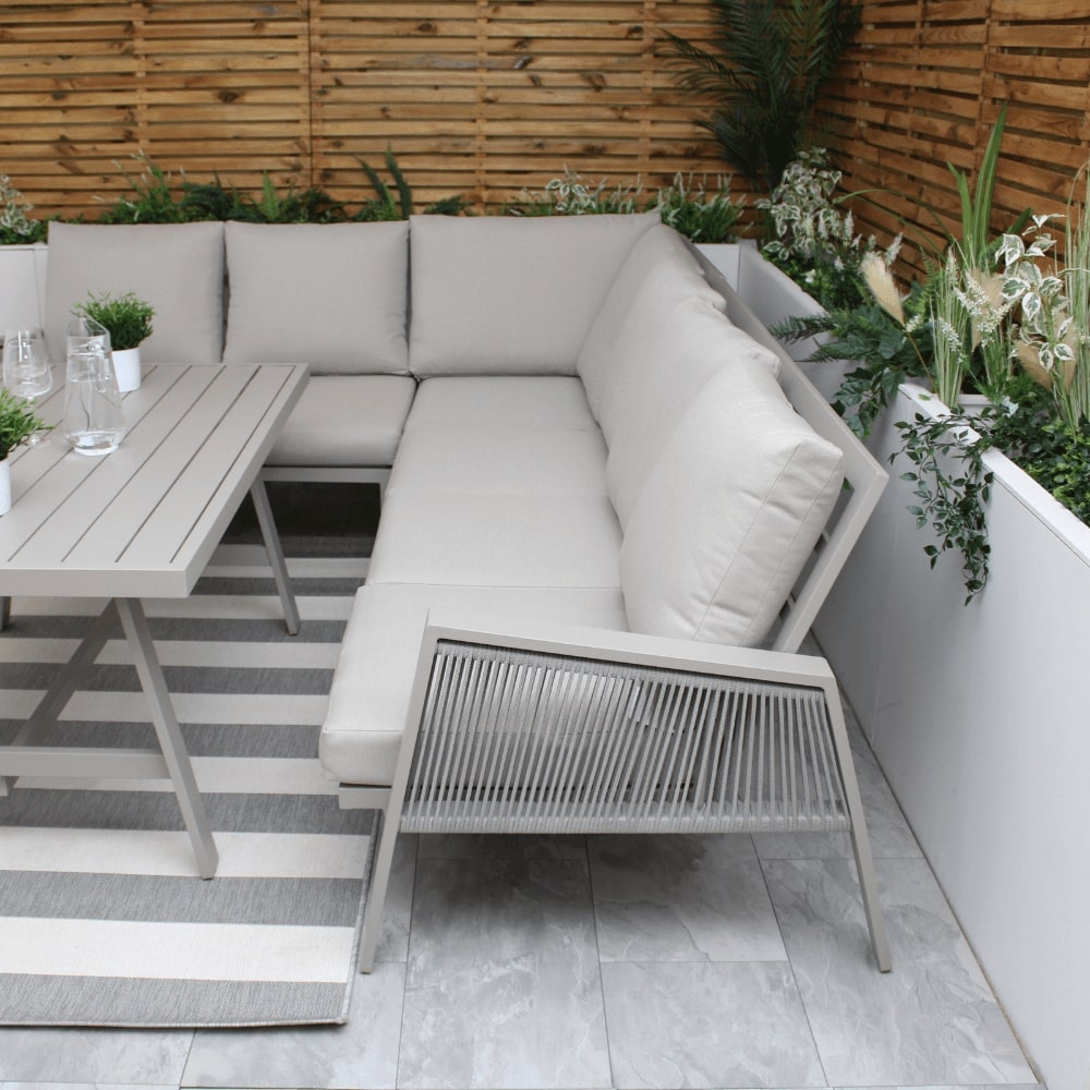 Sicily Beige Aluminium 6 Seater Dining Set Corner Sofa With Beige Cushions