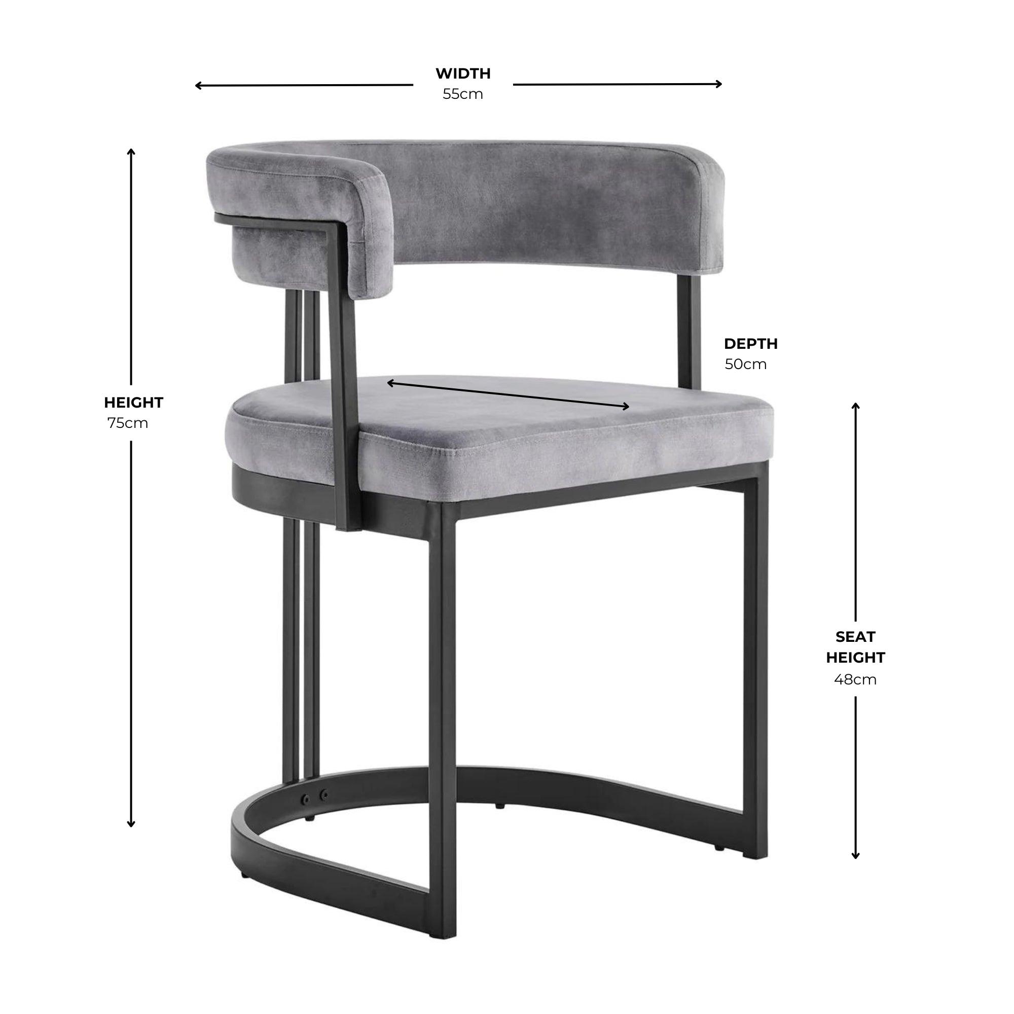 Mia Curved Grey Velvet and Black Frame Dining Chair