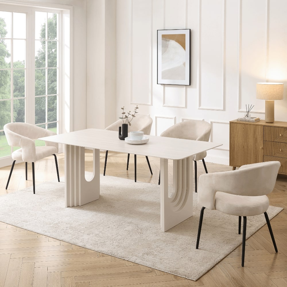 Apollo White Ceramic Dining Set With 6 Jasmine Cream Chairs