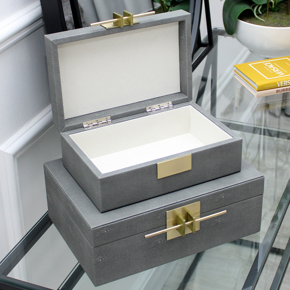 Grey Faux Leather Storage Box Set with Gold Accent