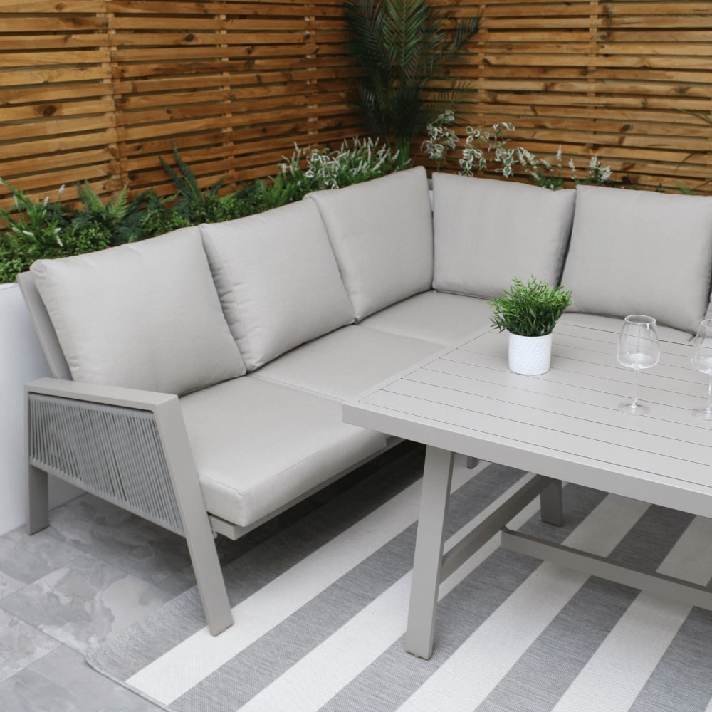 Sicily Beige Aluminium 6 Seater Dining Set Corner Sofa With Beige Cushions