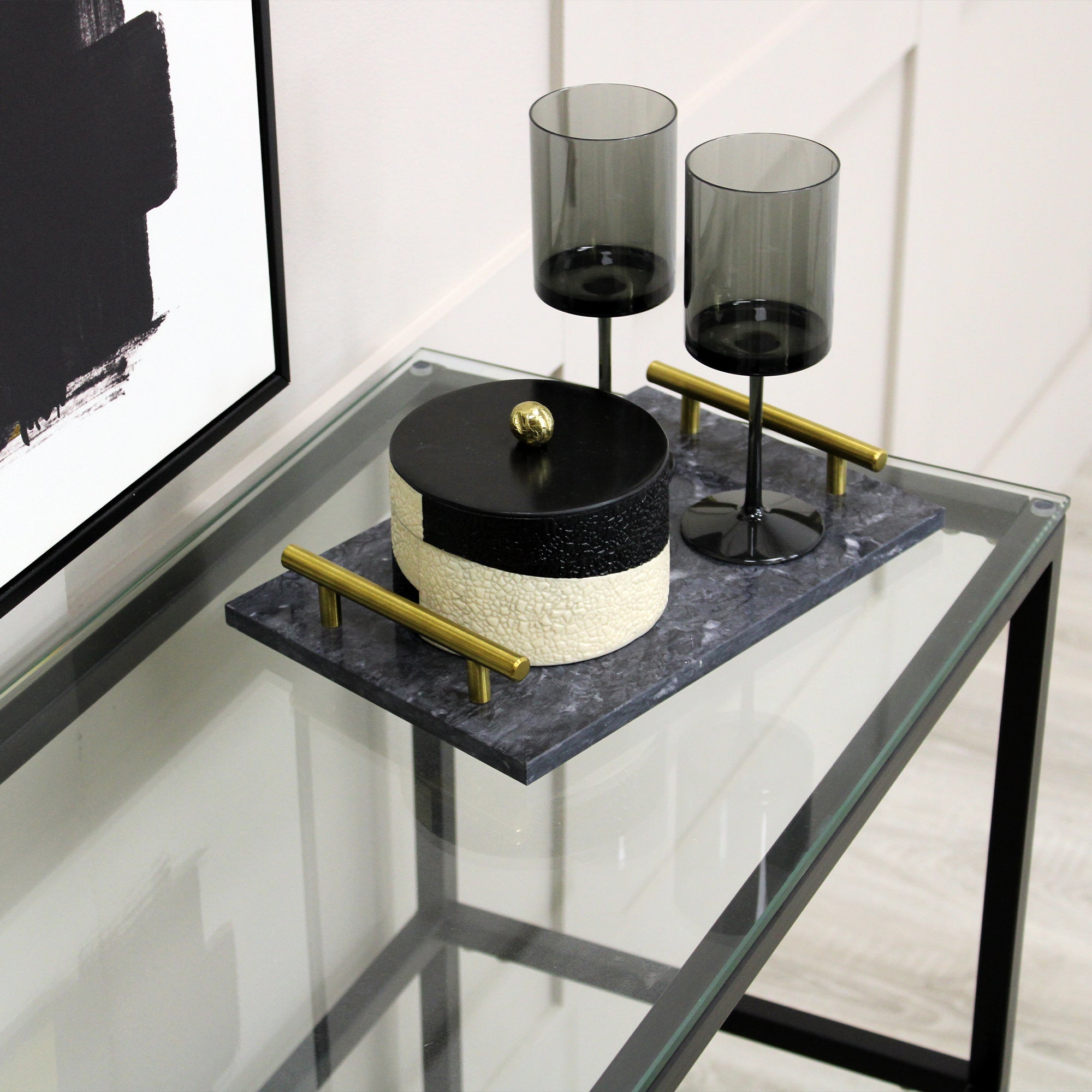 Grey Marble Tray with Gold Handles