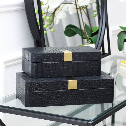 Set of 2 Black Faux Leather Jewellery Boxes with Gold Buckle