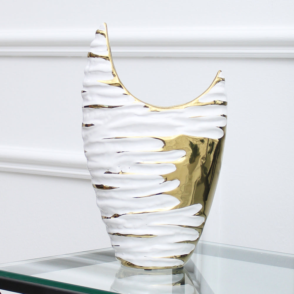 White and Gold Textured Ceramic Vase with Crescent Curved Detail
