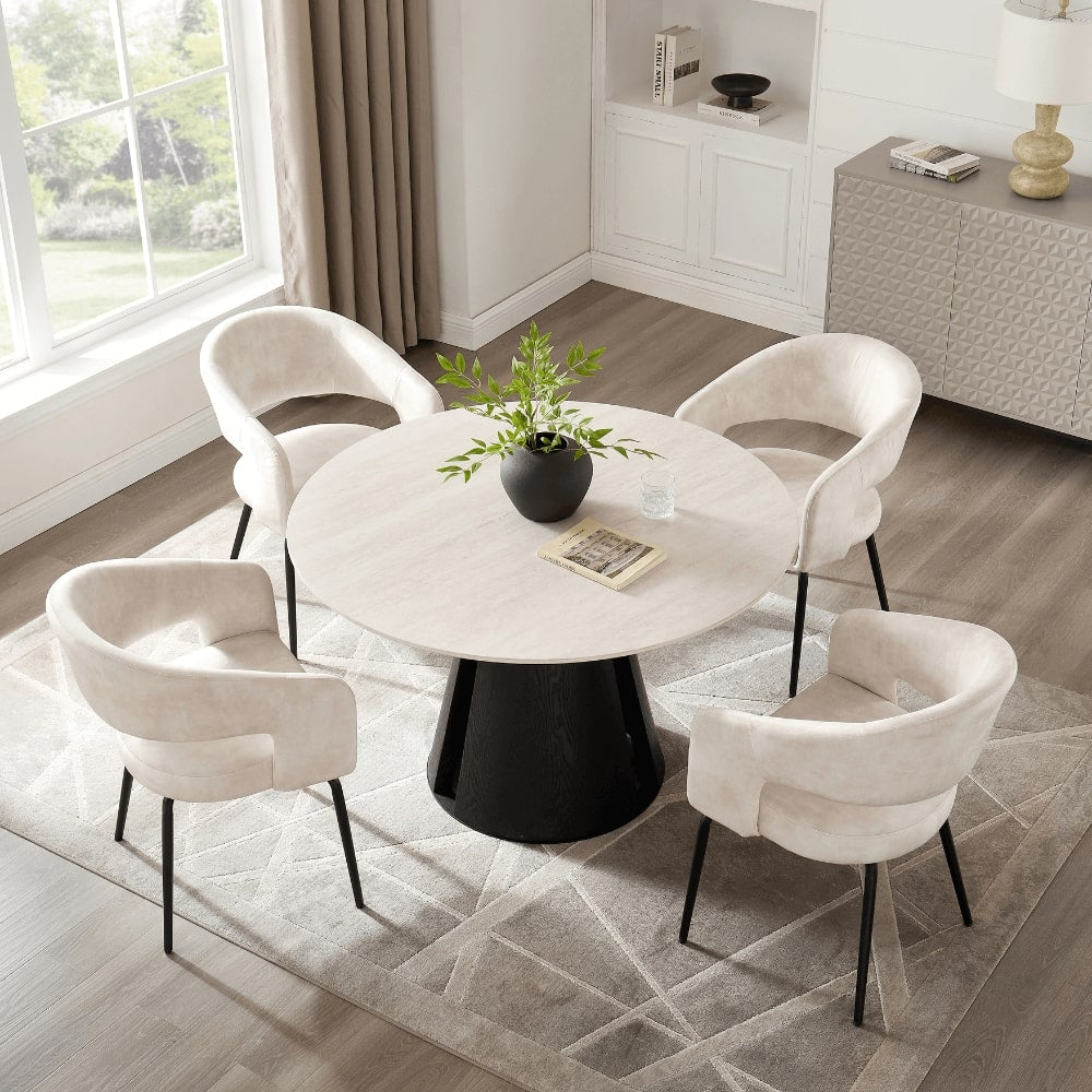 Maya Round Light Cream Ceramic Dining Set With 4 Jasmine Chairs