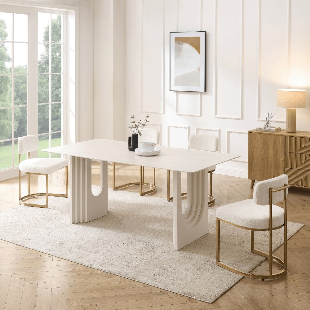 Rhea White Fabric Dining Chair With Brushed Gold Frame