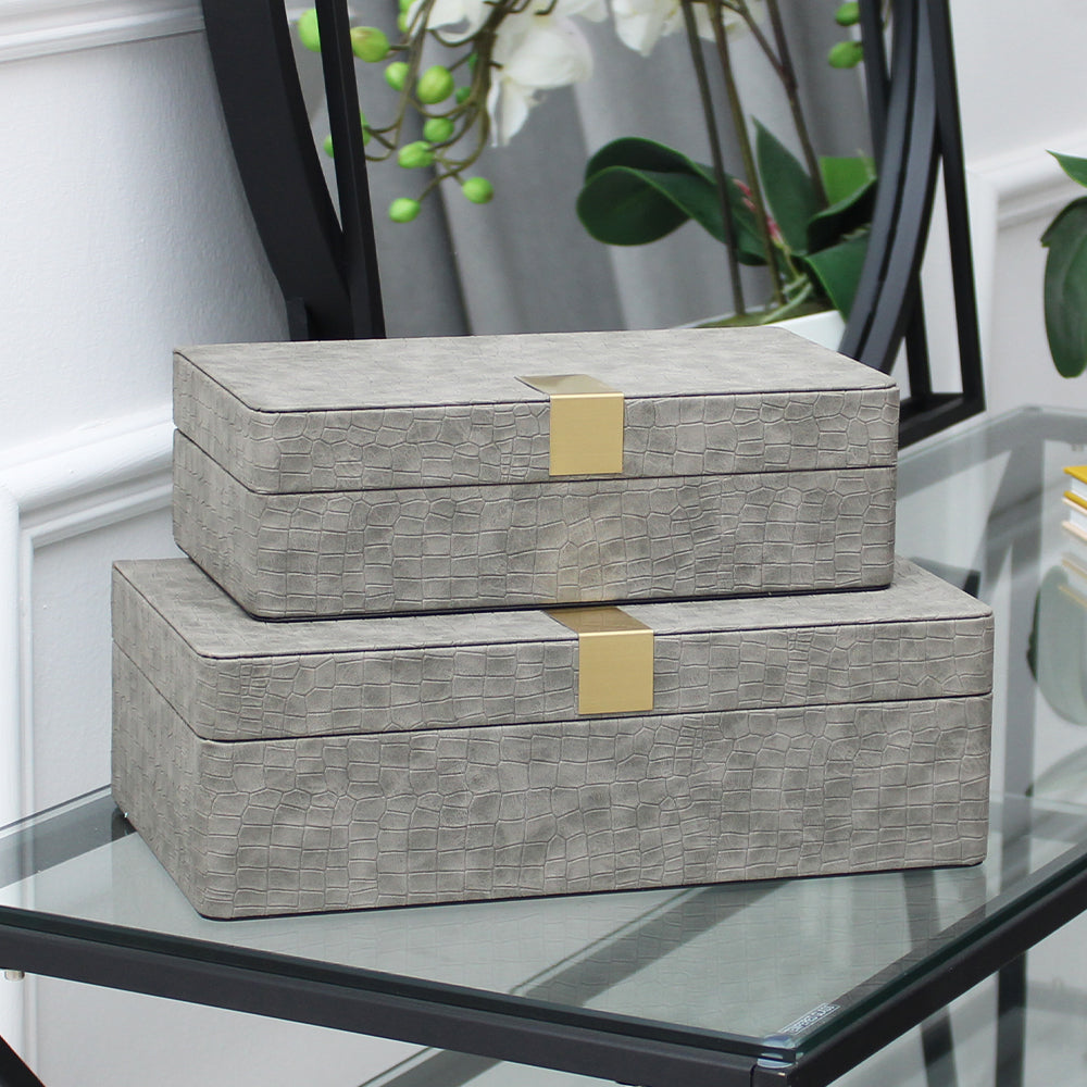 Set of 2 Grey Faux Leather Jewellery Boxes with Gold Buckle