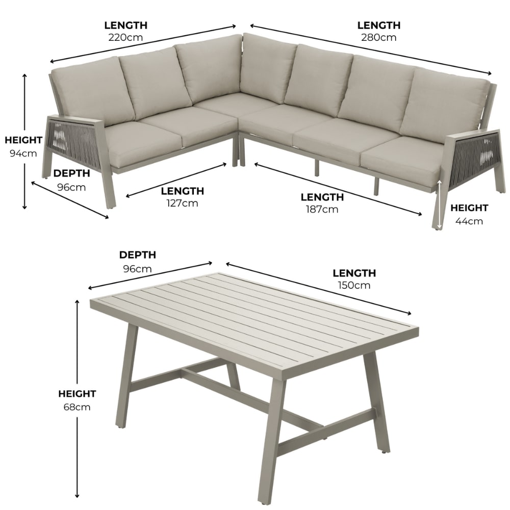 Sicily Beige Aluminium 6 Seater Dining Set Corner Sofa With Beige Cushions