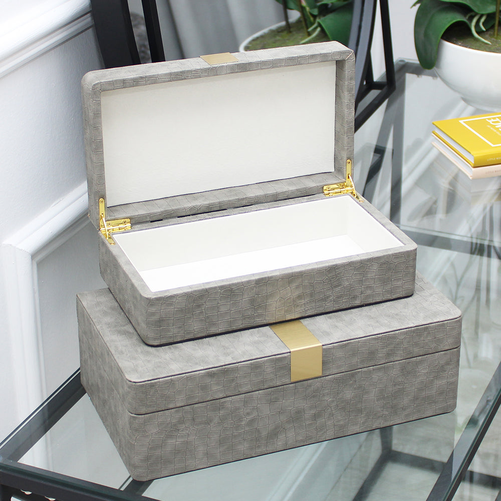 Set of 2 Grey Faux Leather Jewellery Boxes with Gold Buckle