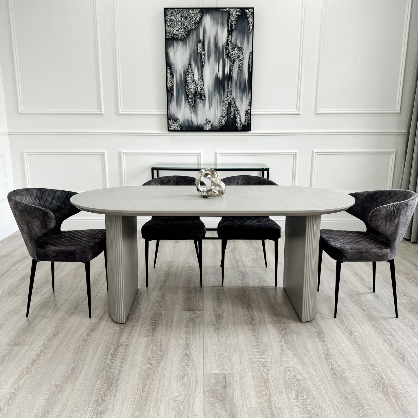 Light Grey Ribbed Wooden Dining Table with Dark Grey Velvet Quilted Chairs