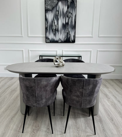 Light Grey Ribbed Wooden Dining Table with Dark Grey Velvet Quilted Chairs